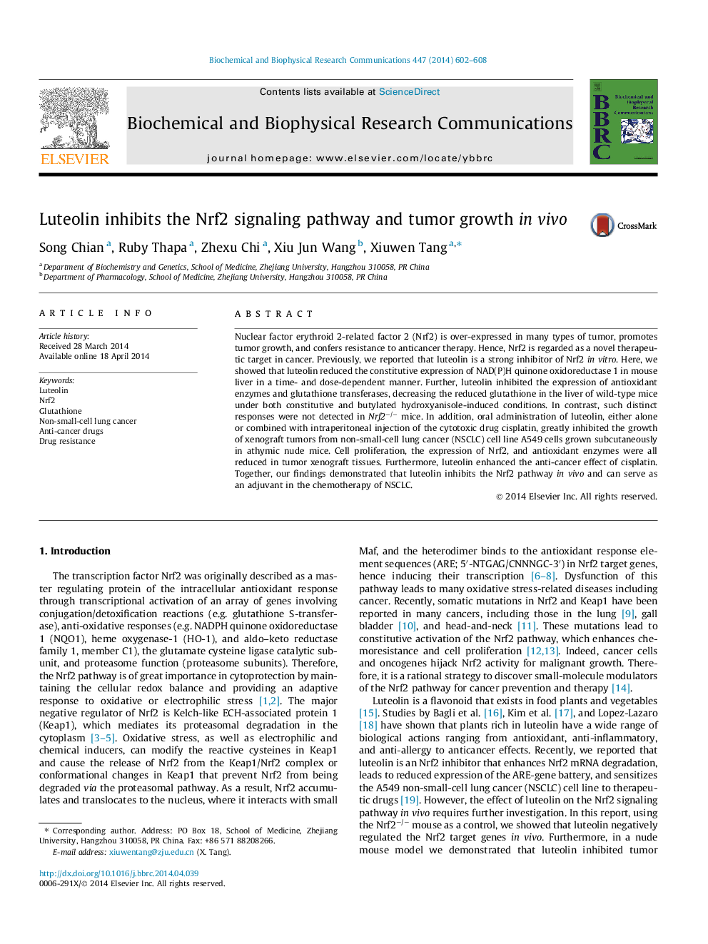 Luteolin inhibits the Nrf2 signaling pathway and tumor growth in vivo