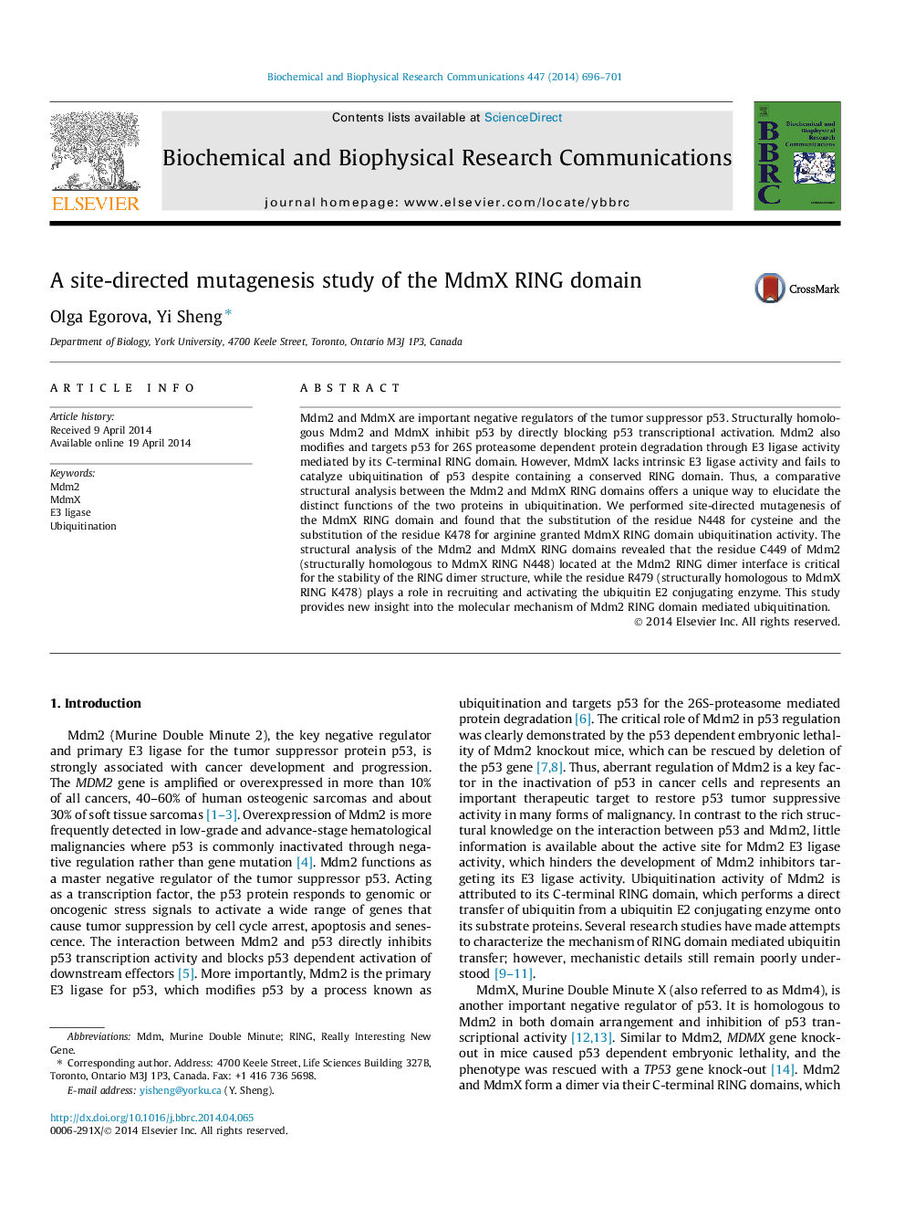 A site-directed mutagenesis study of the MdmX RING domain