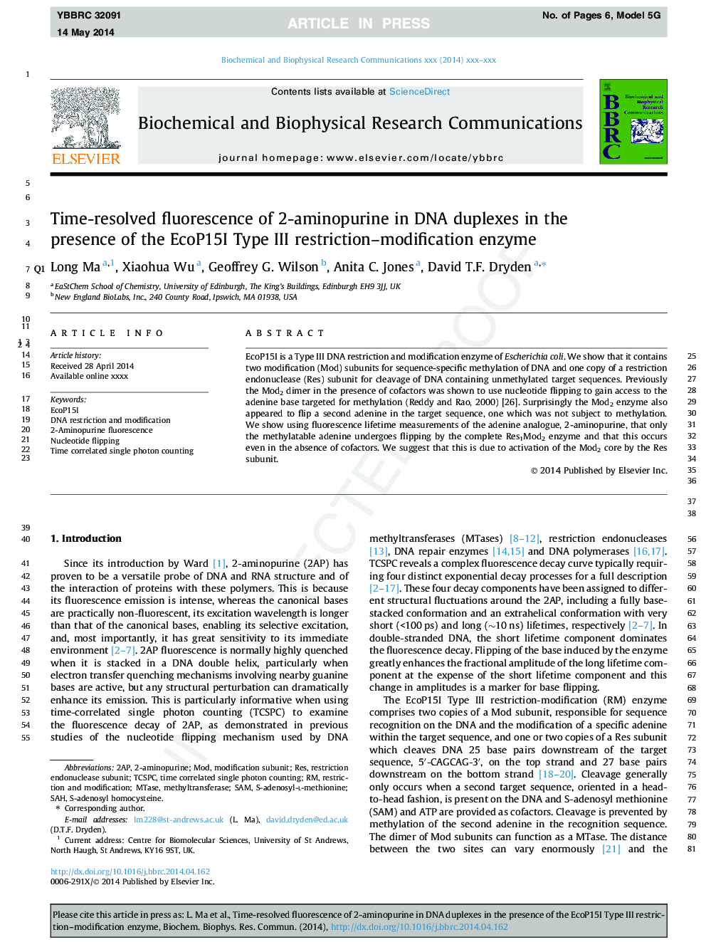 Time-resolved fluorescence of 2-aminopurine in DNA duplexes in the presence of the EcoP15I Type III restriction-modification enzyme