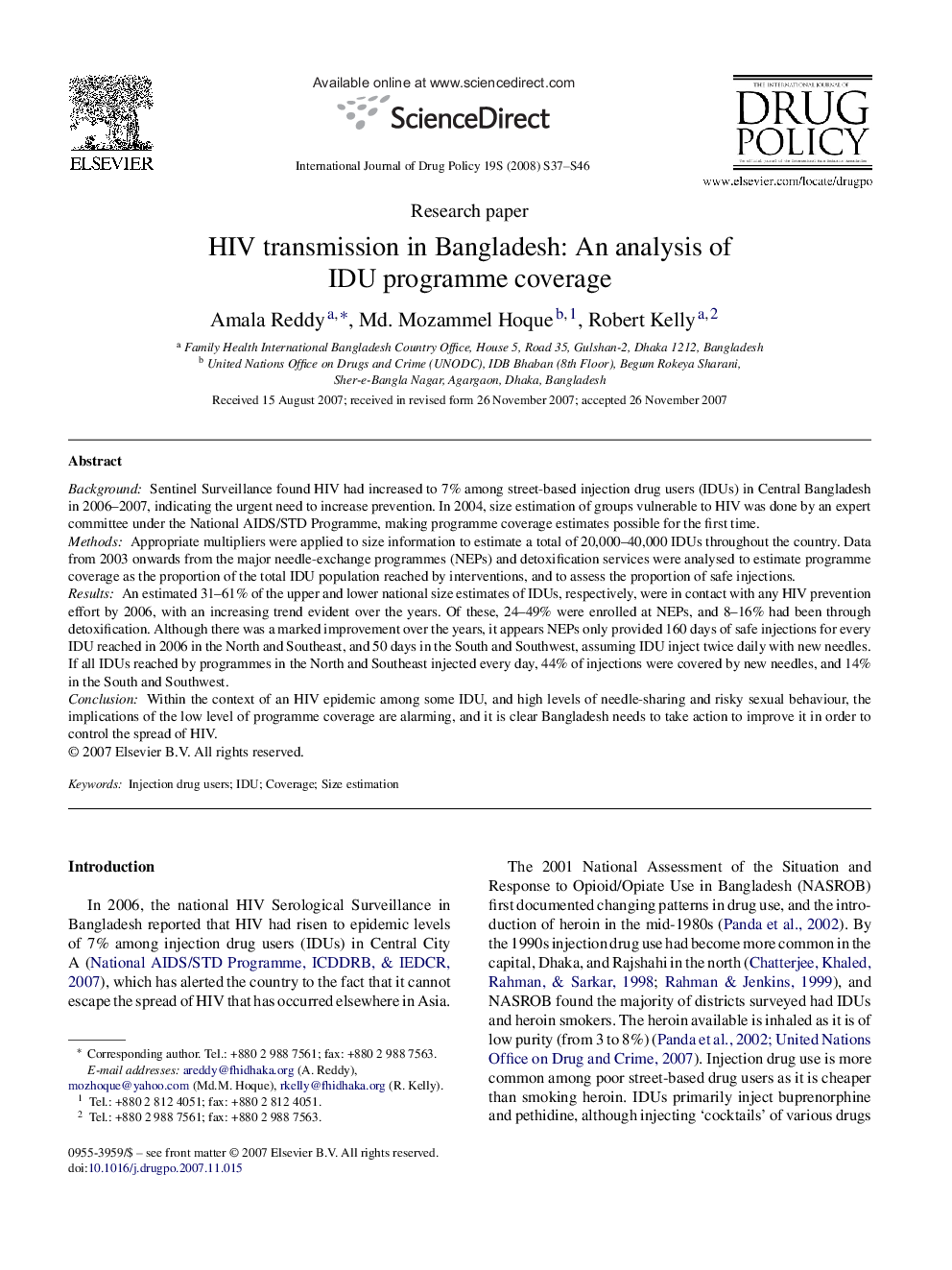 HIV transmission in Bangladesh: An analysis of IDU programme coverage