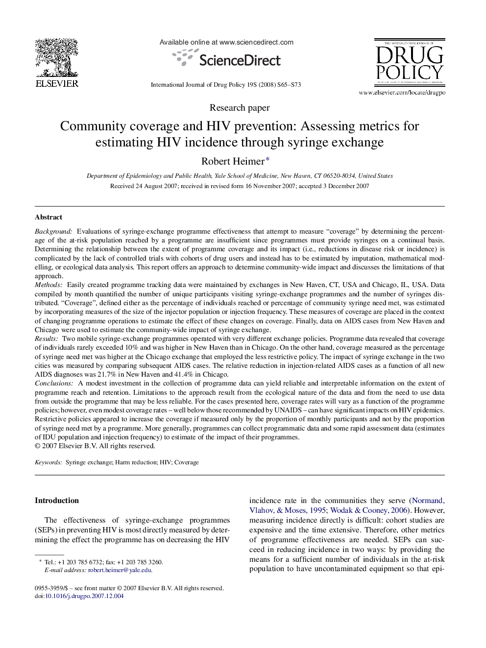 Community coverage and HIV prevention: Assessing metrics for estimating HIV incidence through syringe exchange