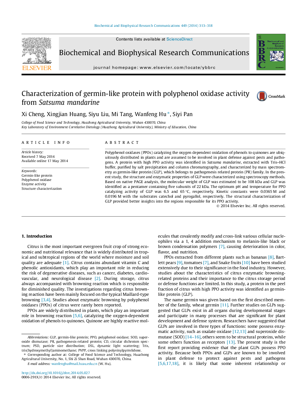 Characterization of germin-like protein with polyphenol oxidase activity from Satsuma mandarine