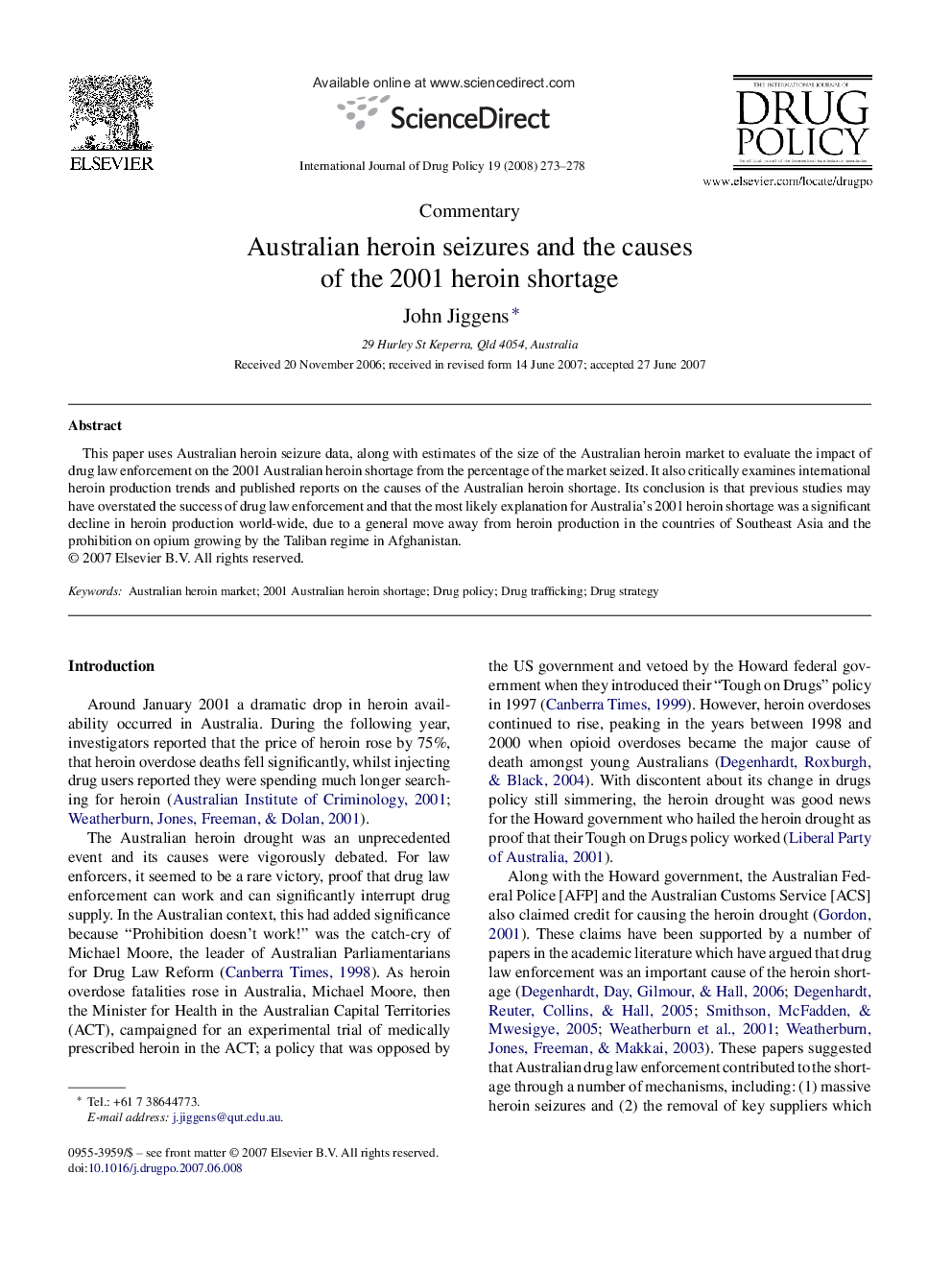 Australian heroin seizures and the causes of the 2001 heroin shortage