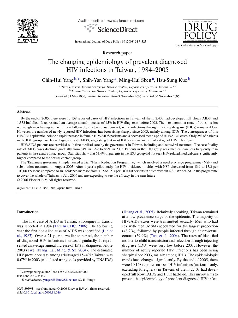 The changing epidemiology of prevalent diagnosed HIV infections in Taiwan, 1984–2005