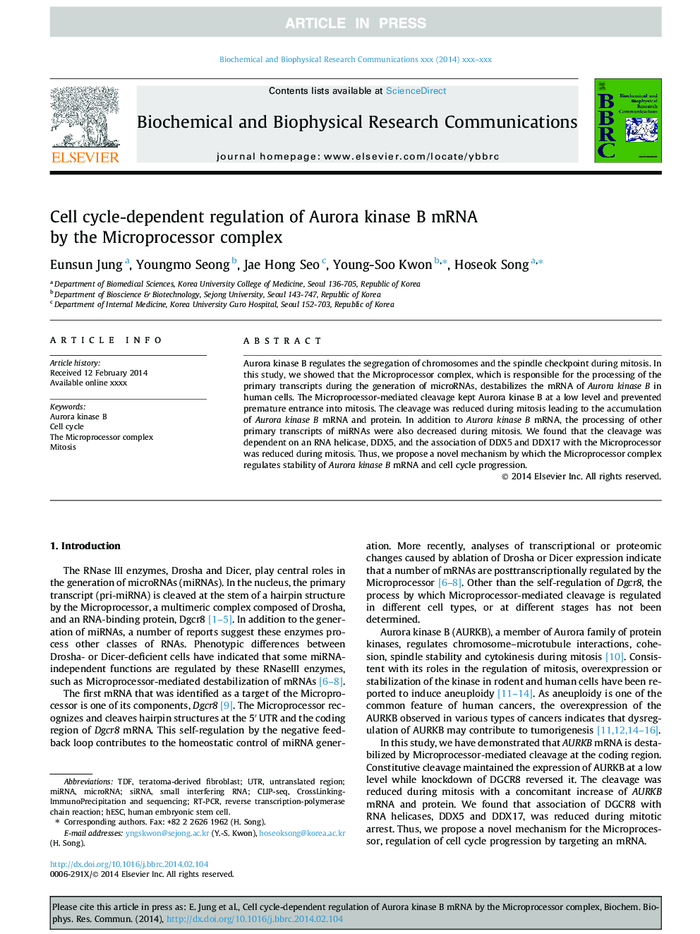 Cell cycle-dependent regulation of Aurora kinase B mRNA by the Microprocessor complex