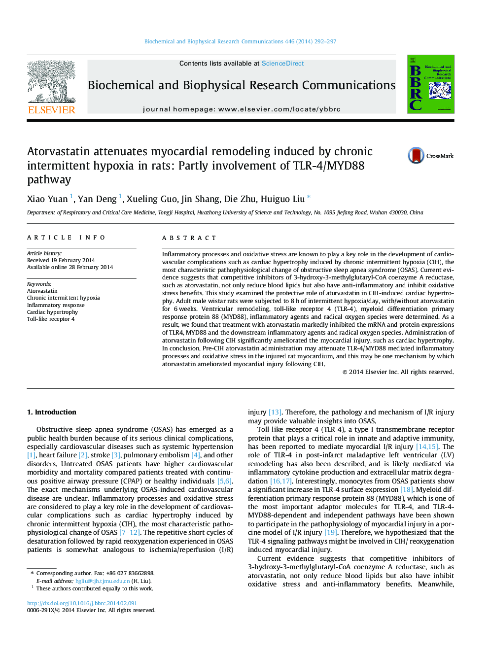 Atorvastatin attenuates myocardial remodeling induced by chronic intermittent hypoxia in rats: Partly involvement of TLR-4/MYD88 pathway