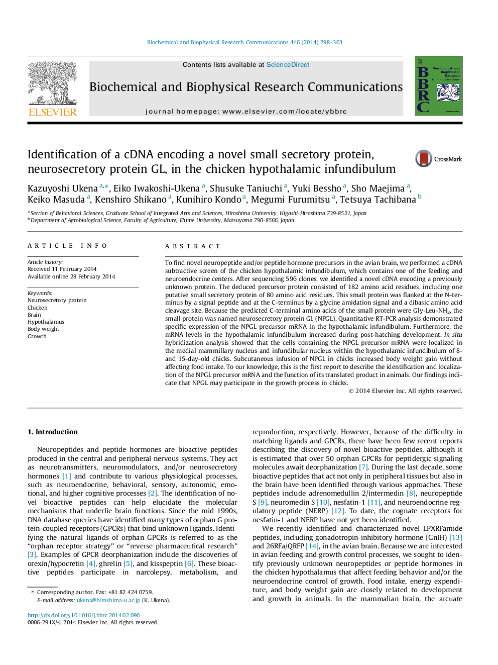 Identification of a cDNA encoding a novel small secretory protein, neurosecretory protein GL, in the chicken hypothalamic infundibulum