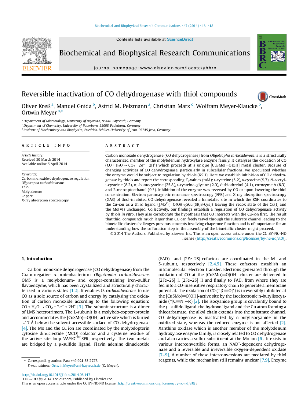 Reversible inactivation of CO dehydrogenase with thiol compounds