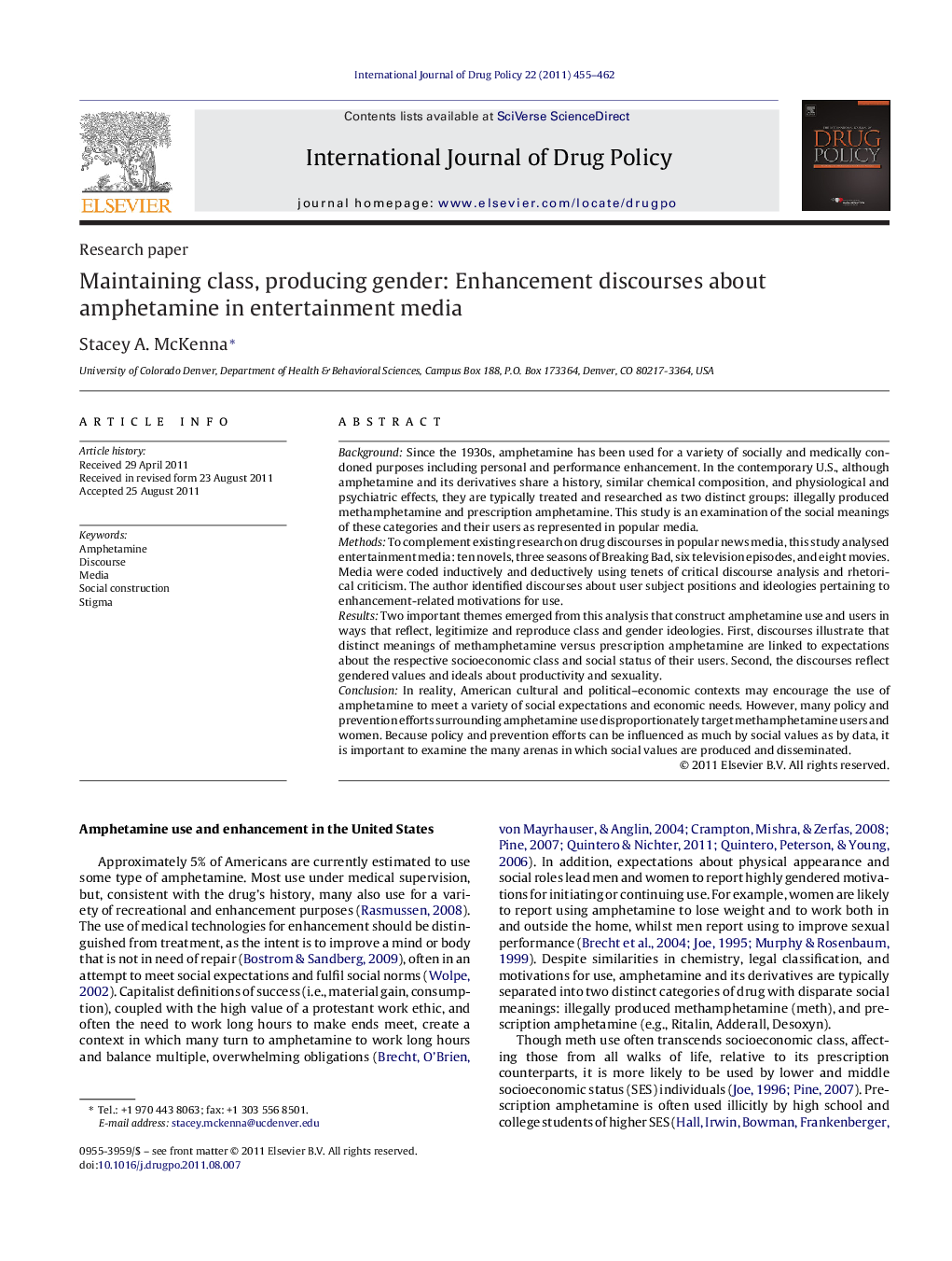 Maintaining class, producing gender: Enhancement discourses about amphetamine in entertainment media