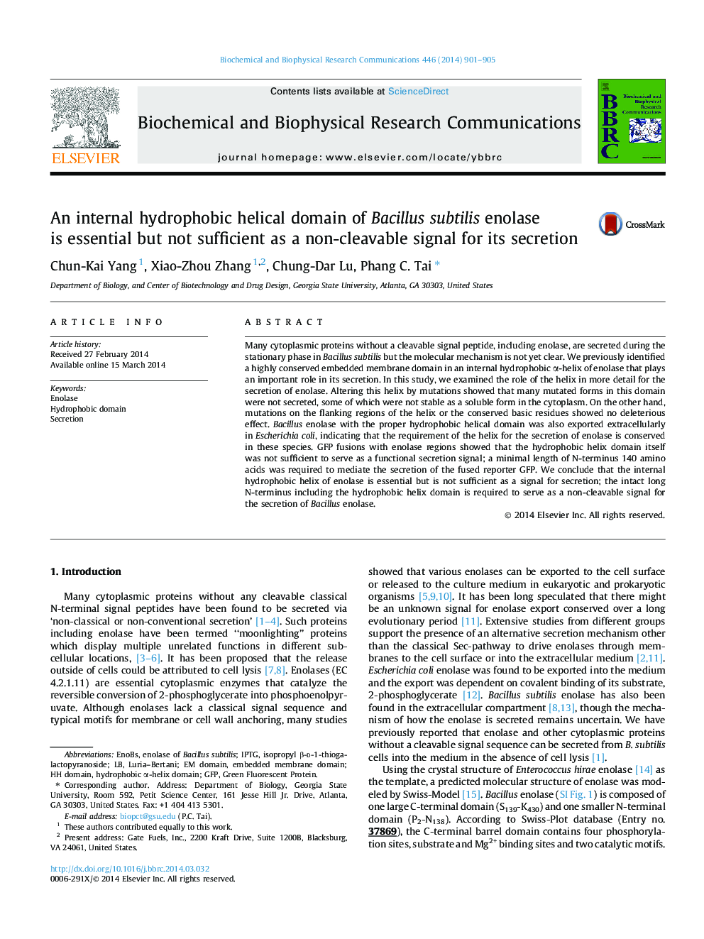 An internal hydrophobic helical domain of Bacillus subtilis enolase is essential but not sufficient as a non-cleavable signal for its secretion