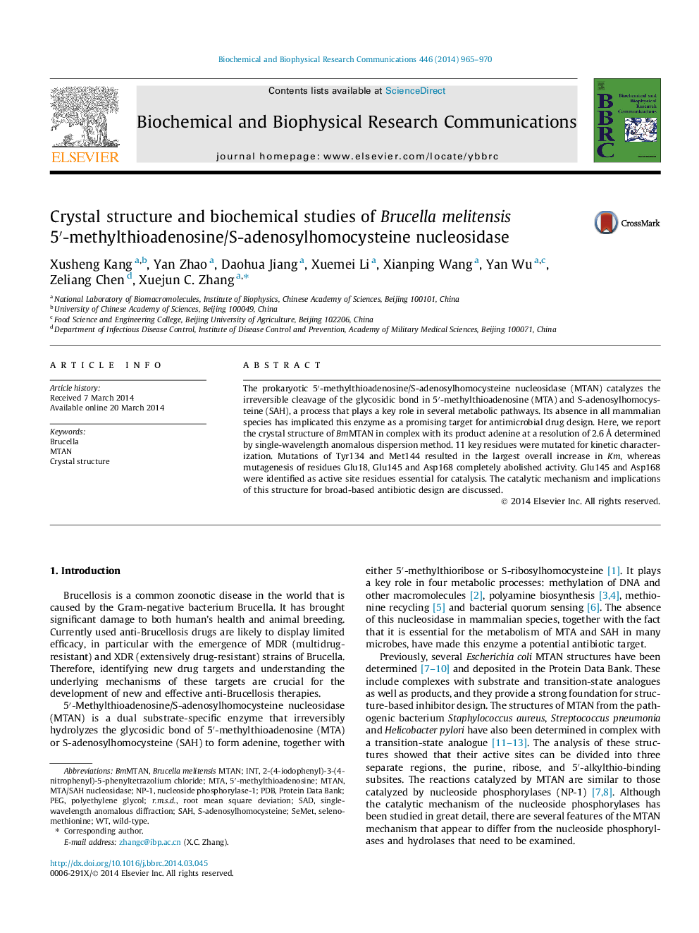 Crystal structure and biochemical studies of Brucella melitensis 5â²-methylthioadenosine/S-adenosylhomocysteine nucleosidase