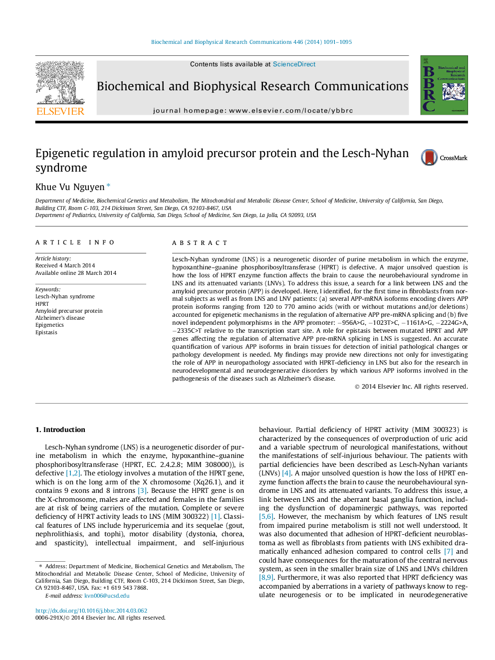 Epigenetic regulation in amyloid precursor protein and the Lesch-Nyhan syndrome