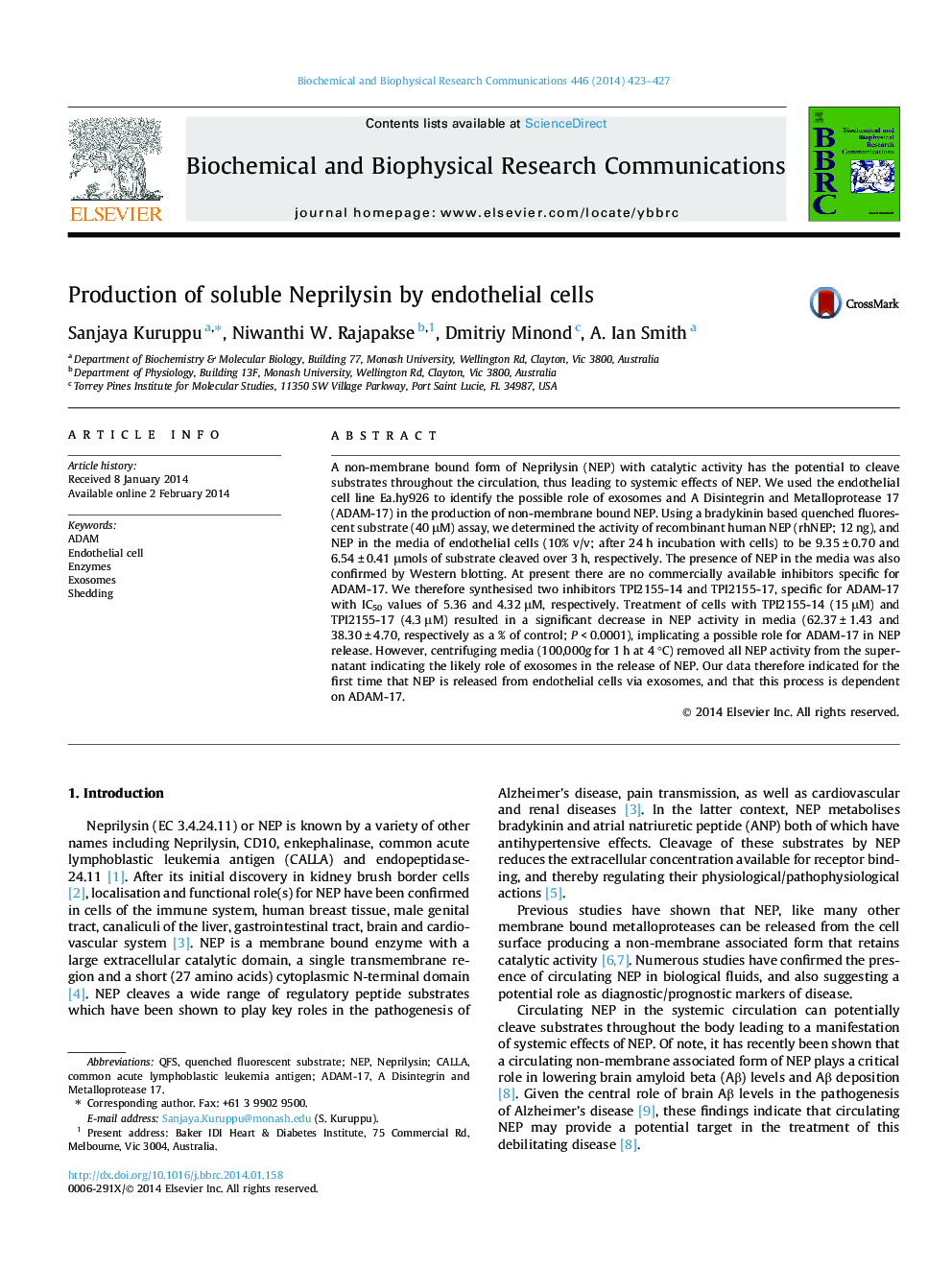 Production of soluble Neprilysin by endothelial cells