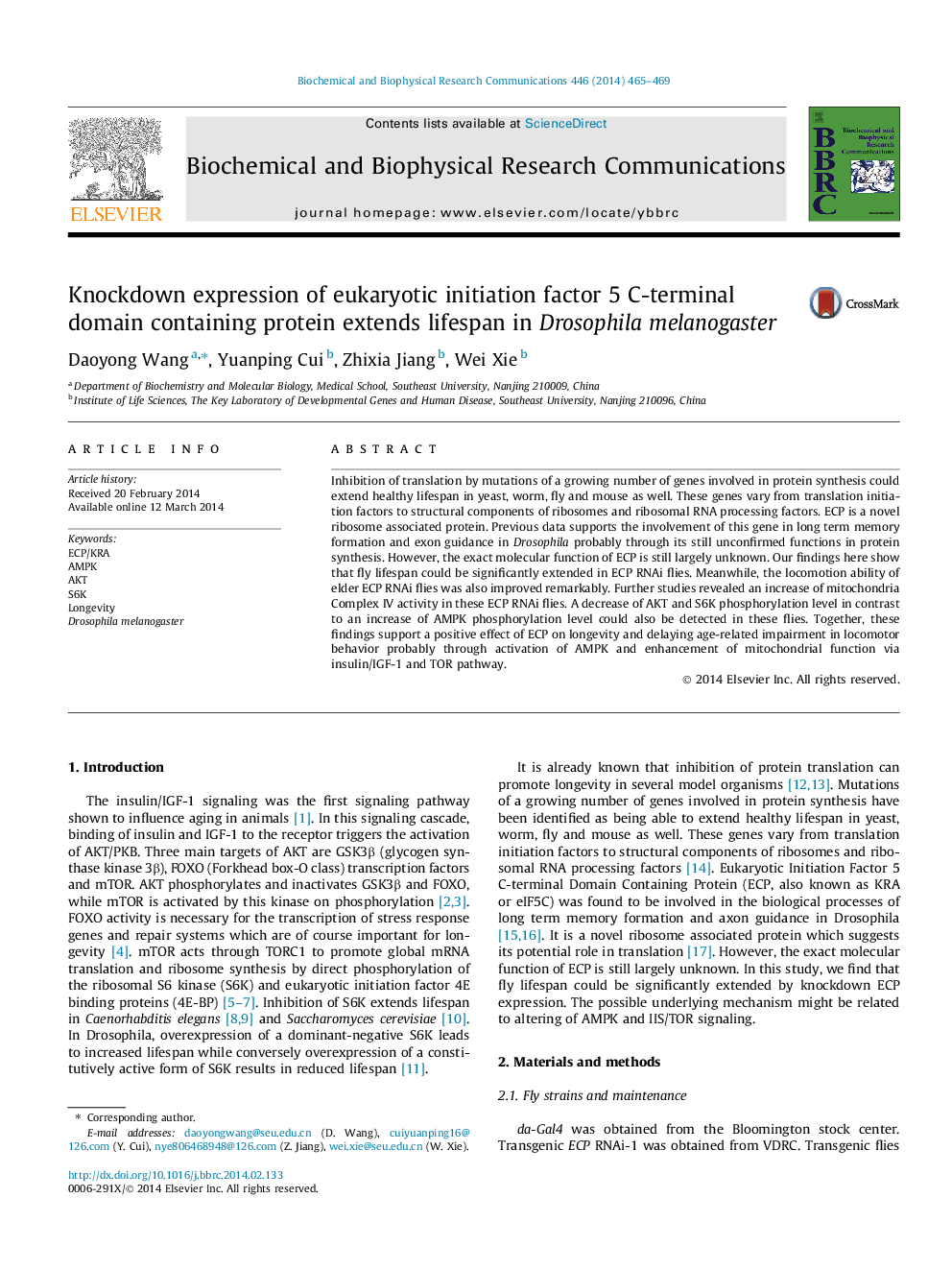 Knockdown expression of eukaryotic initiation factor 5 C-terminal domain containing protein extends lifespan in Drosophila melanogaster