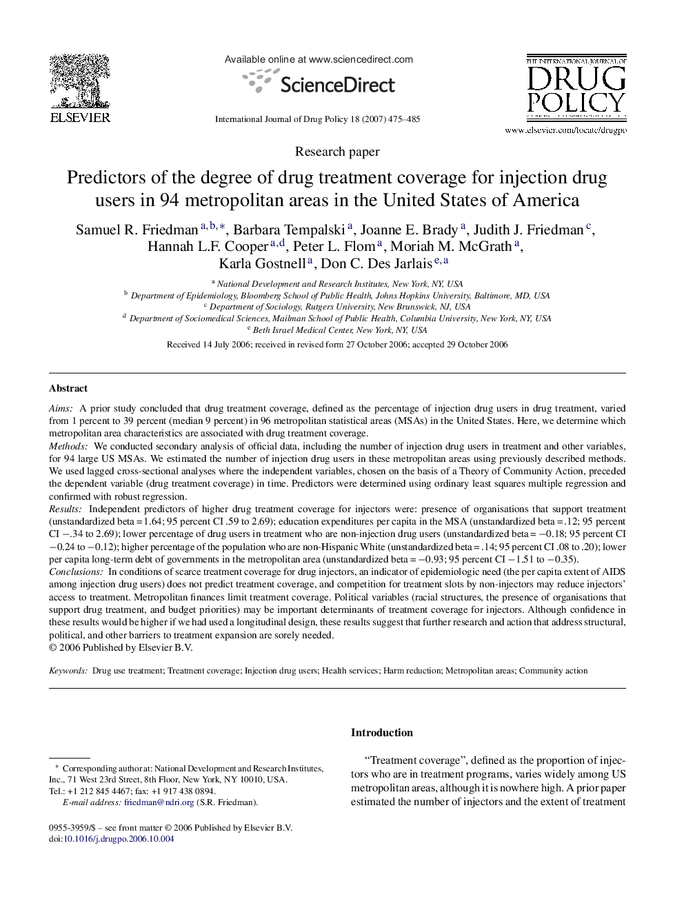 Predictors of the degree of drug treatment coverage for injection drug users in 94 metropolitan areas in the United States of America