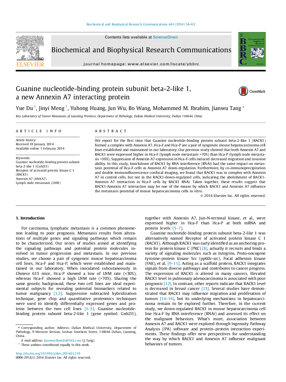 Guanine nucleotide-binding protein subunit beta-2-like 1, a new Annexin A7 interacting protein