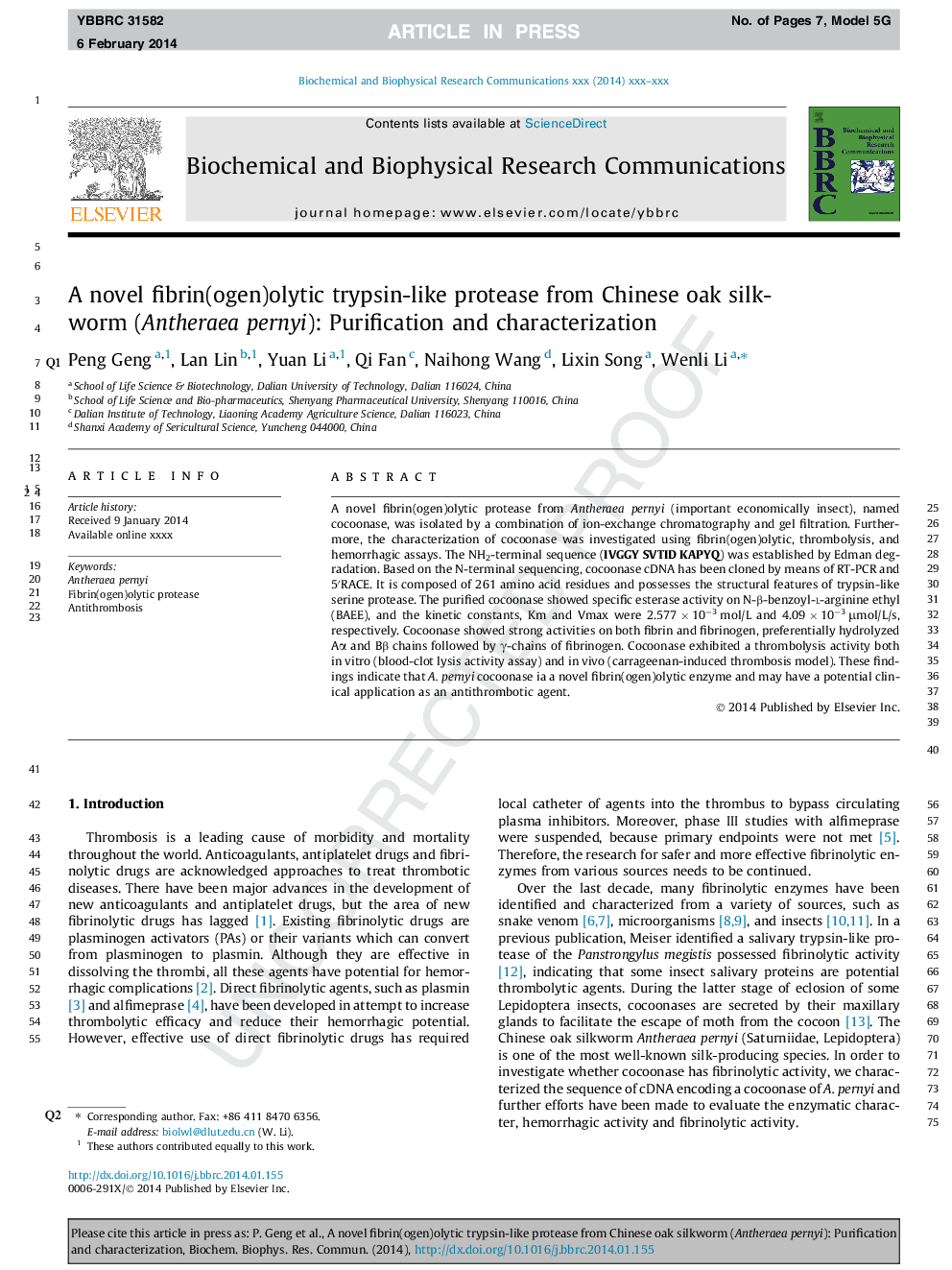 A novel fibrin(ogen)olytic trypsin-like protease from Chinese oak silkworm (Antheraea pernyi): Purification and characterization