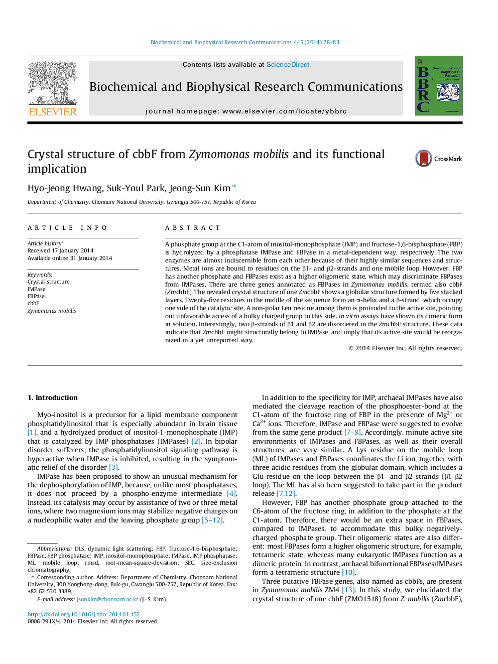 Crystal structure of cbbF from Zymomonas mobilis and its functional implication