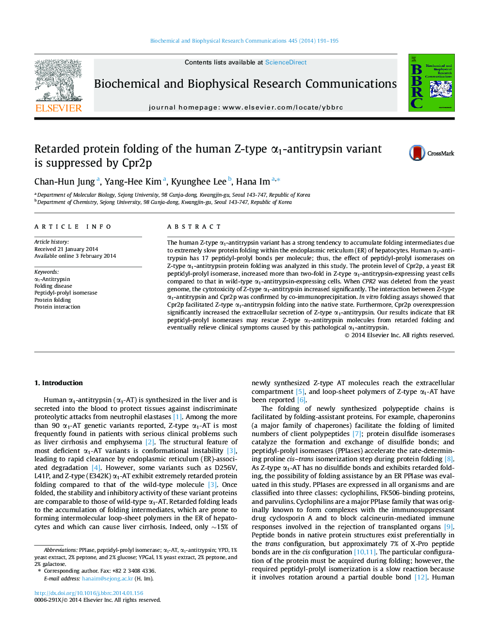 Retarded protein folding of the human Z-type Î±1-antitrypsin variant is suppressed by Cpr2p