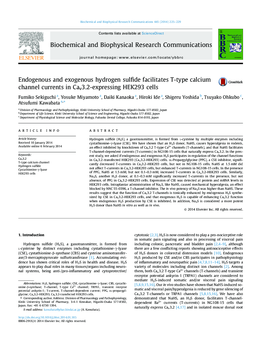 Endogenous and exogenous hydrogen sulfide facilitates T-type calcium channel currents in Cav3.2-expressing HEK293 cells