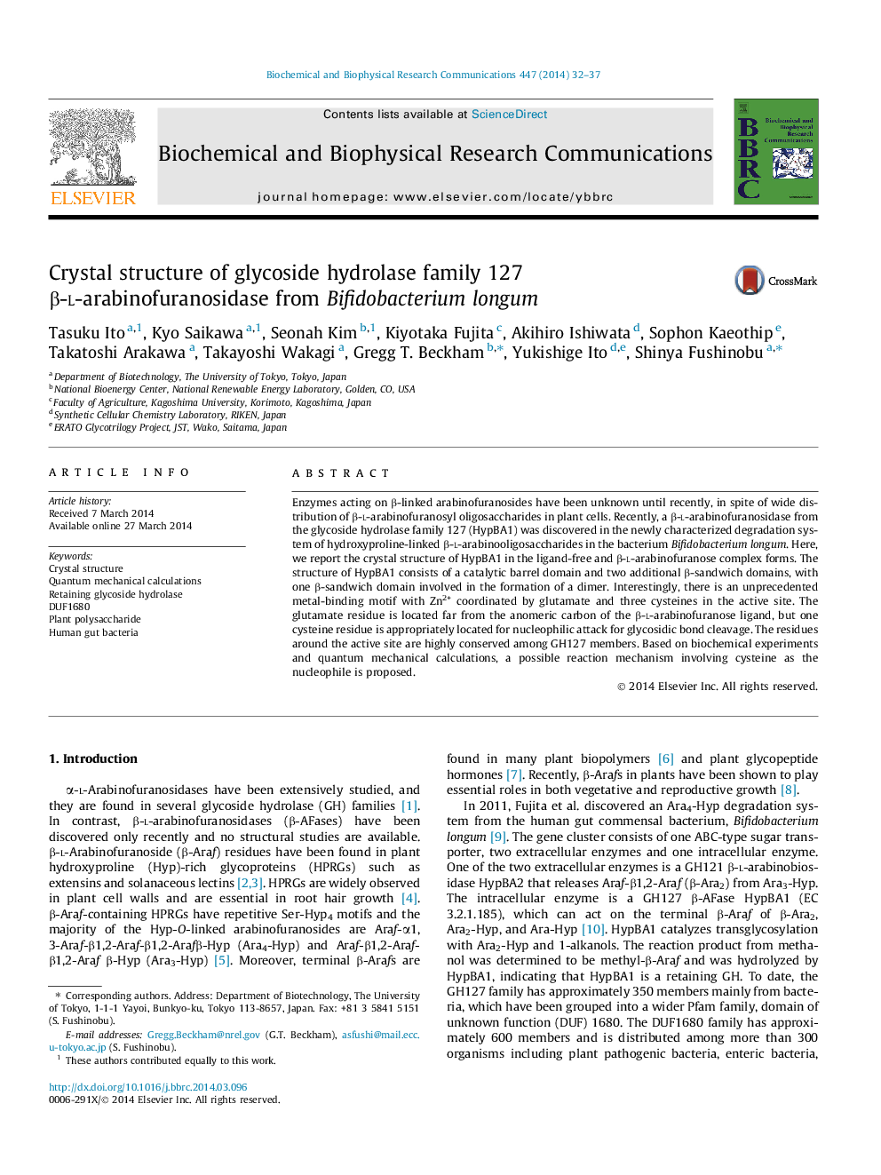 Crystal structure of glycoside hydrolase family 127 Î²-l-arabinofuranosidase from Bifidobacterium longum