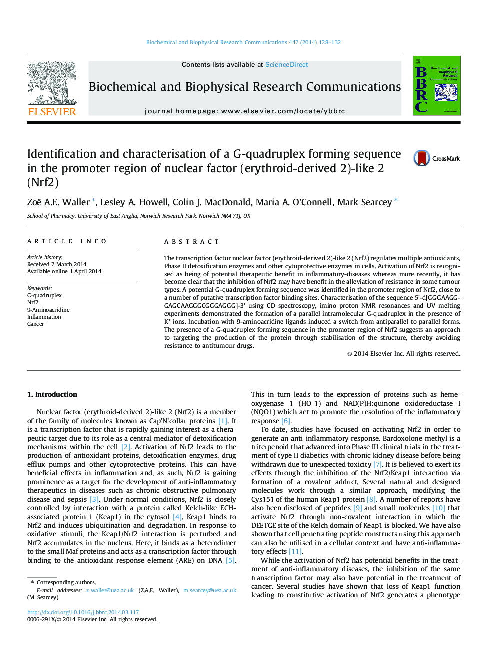 Identification and characterisation of a G-quadruplex forming sequence in the promoter region of nuclear factor (erythroid-derived 2)-like 2 (Nrf2)