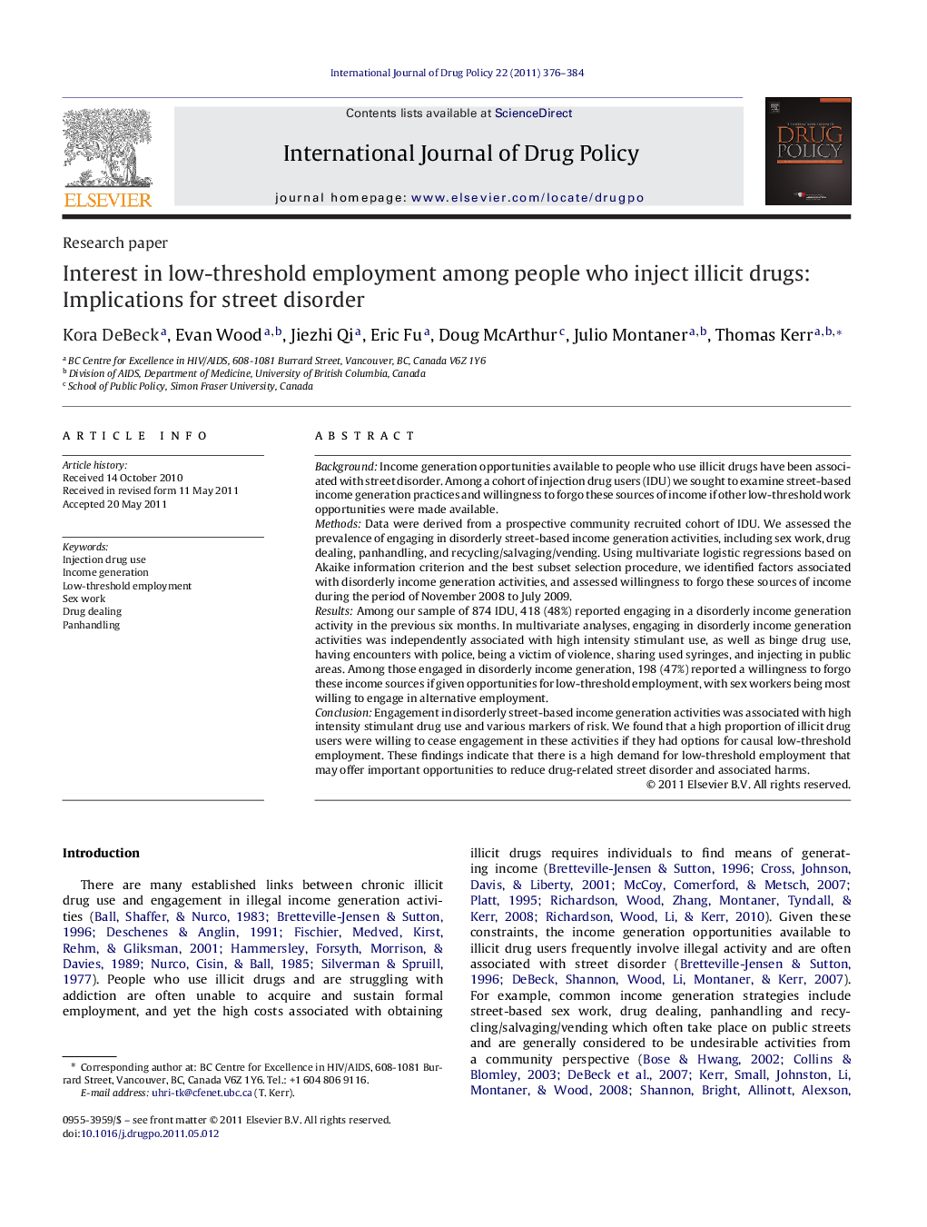 Interest in low-threshold employment among people who inject illicit drugs: Implications for street disorder