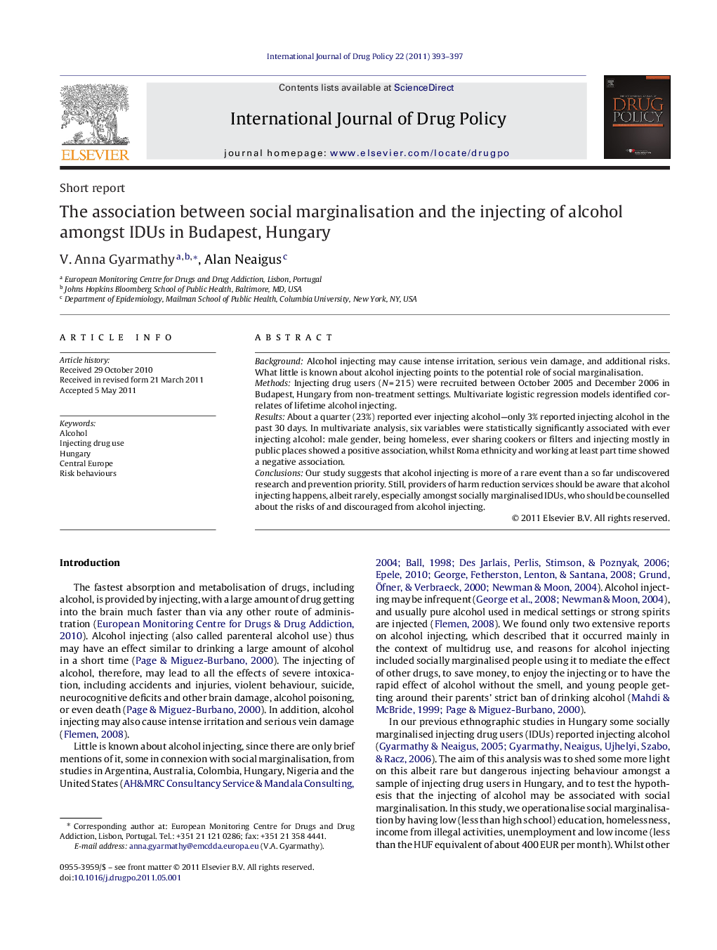 The association between social marginalisation and the injecting of alcohol amongst IDUs in Budapest, Hungary