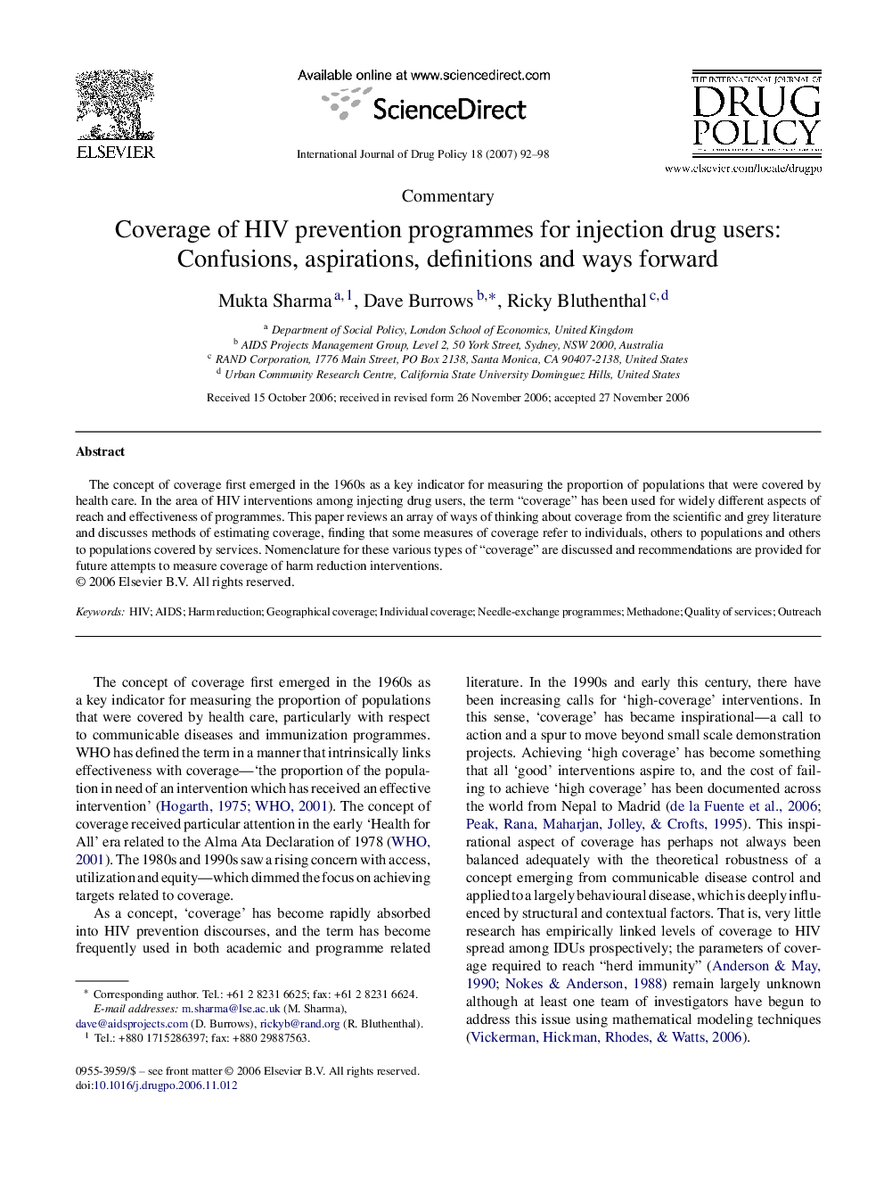 Coverage of HIV prevention programmes for injection drug users: Confusions, aspirations, definitions and ways forward