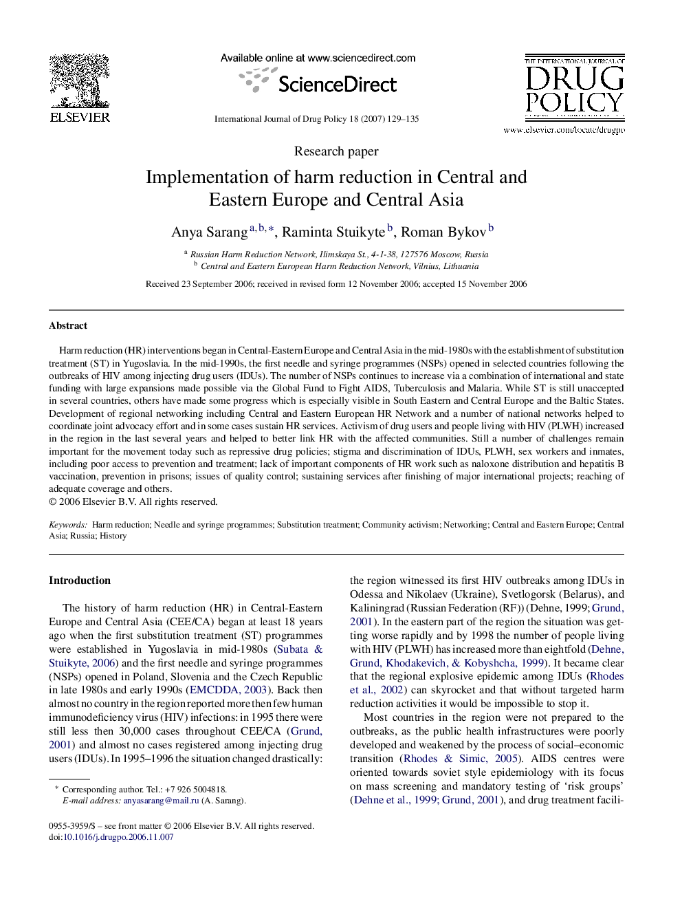 Implementation of harm reduction in Central and Eastern Europe and Central Asia