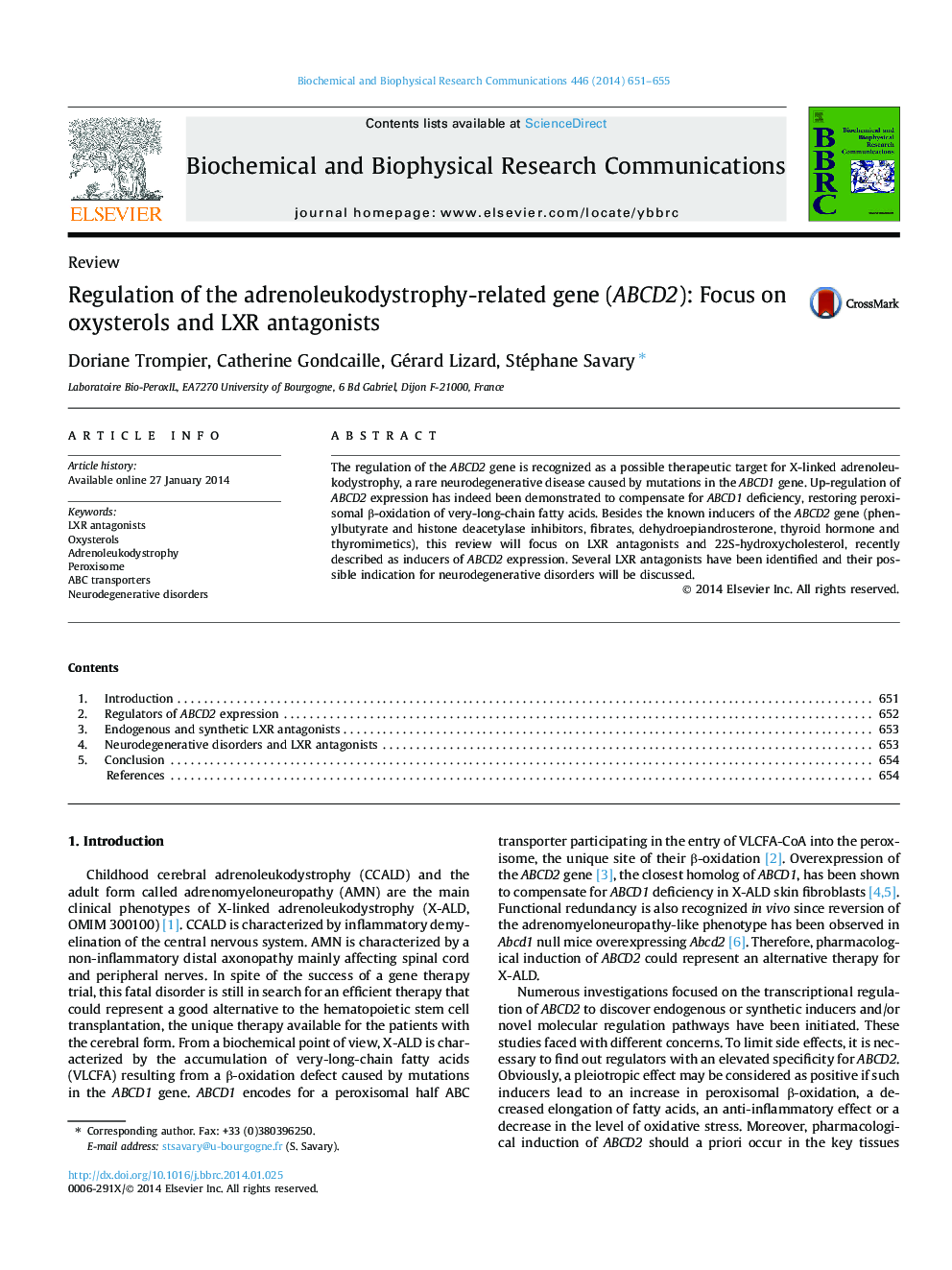 Regulation of the adrenoleukodystrophy-related gene (ABCD2): Focus on oxysterols and LXR antagonists