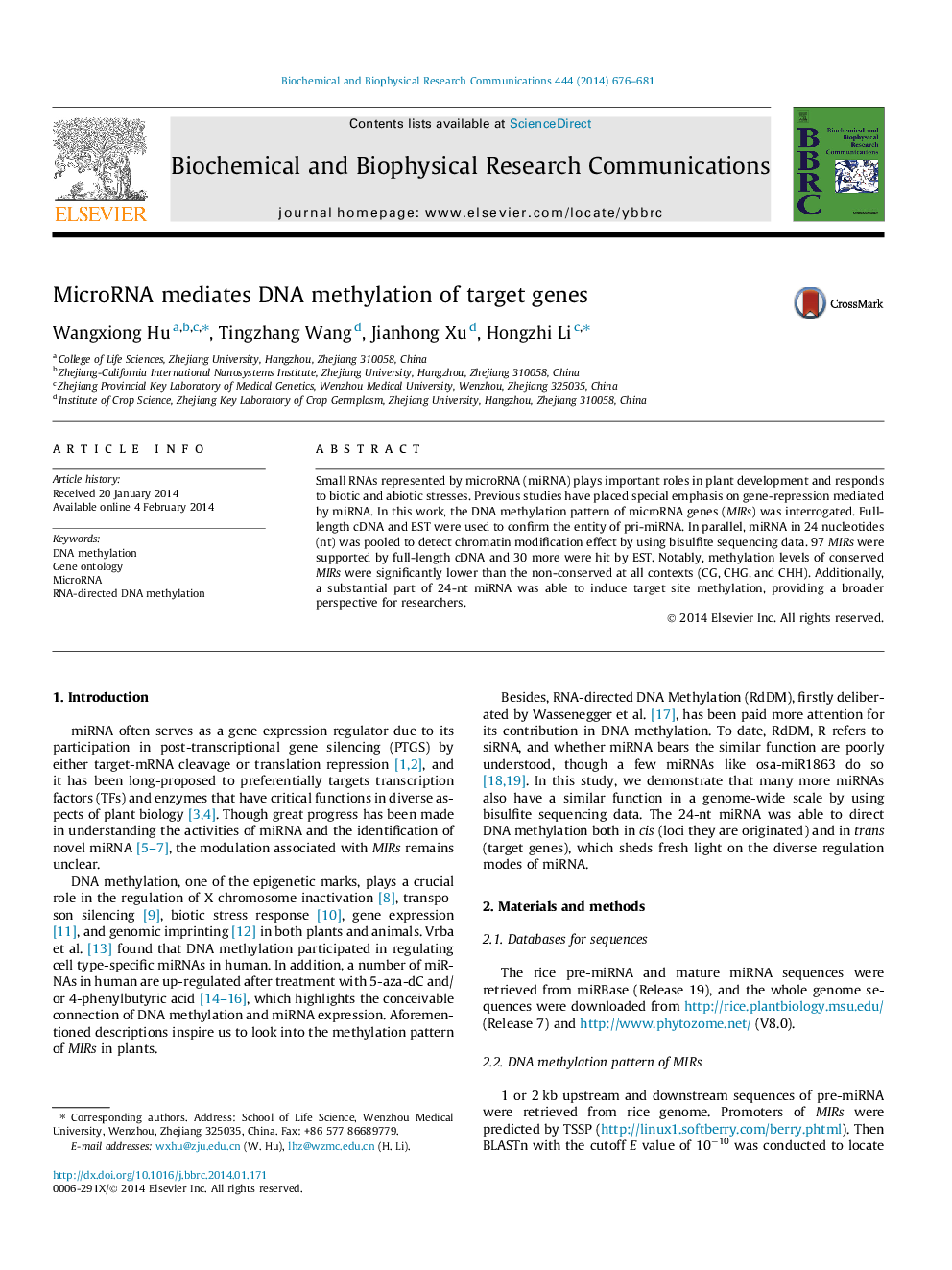 MicroRNA mediates DNA methylation of target genes