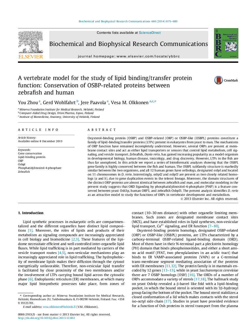 A vertebrate model for the study of lipid binding/transfer protein function: Conservation of OSBP-related proteins between zebrafish and human