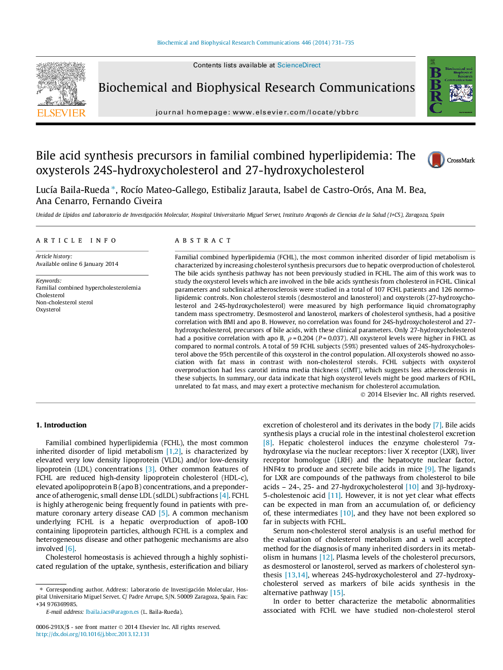 Bile acid synthesis precursors in familial combined hyperlipidemia: The oxysterols 24S-hydroxycholesterol and 27-hydroxycholesterol