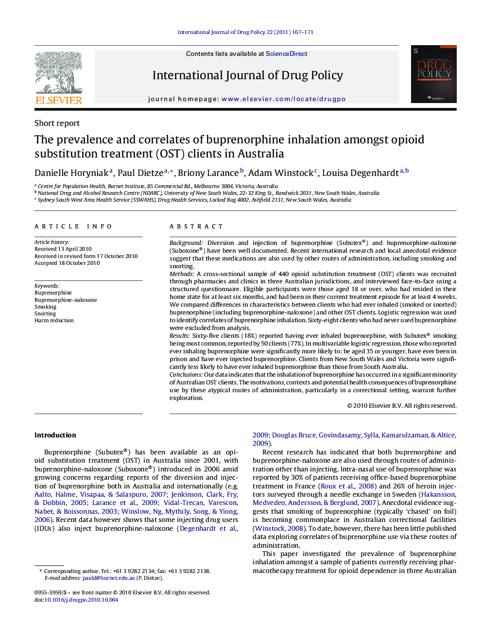 The prevalence and correlates of buprenorphine inhalation amongst opioid substitution treatment (OST) clients in Australia