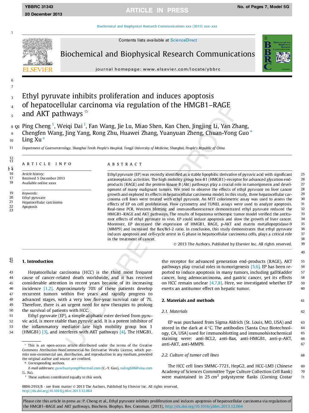 Ethyl pyruvate inhibits proliferation and induces apoptosis of hepatocellular carcinoma via regulation of the HMGB1-RAGE and AKT pathways