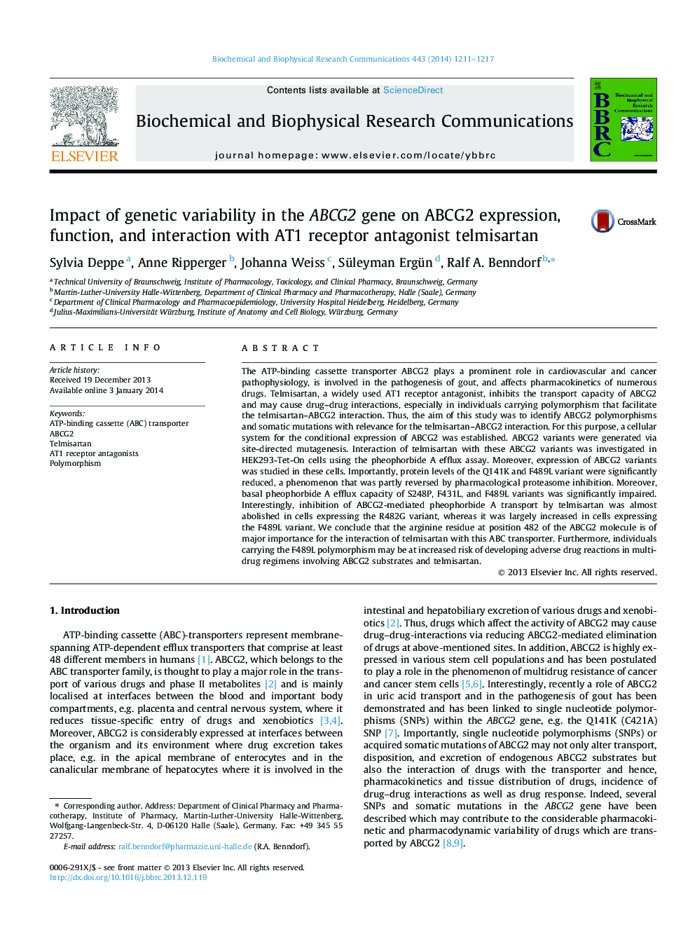 Impact of genetic variability in the ABCG2 gene on ABCG2 expression, function, and interaction with AT1 receptor antagonist telmisartan