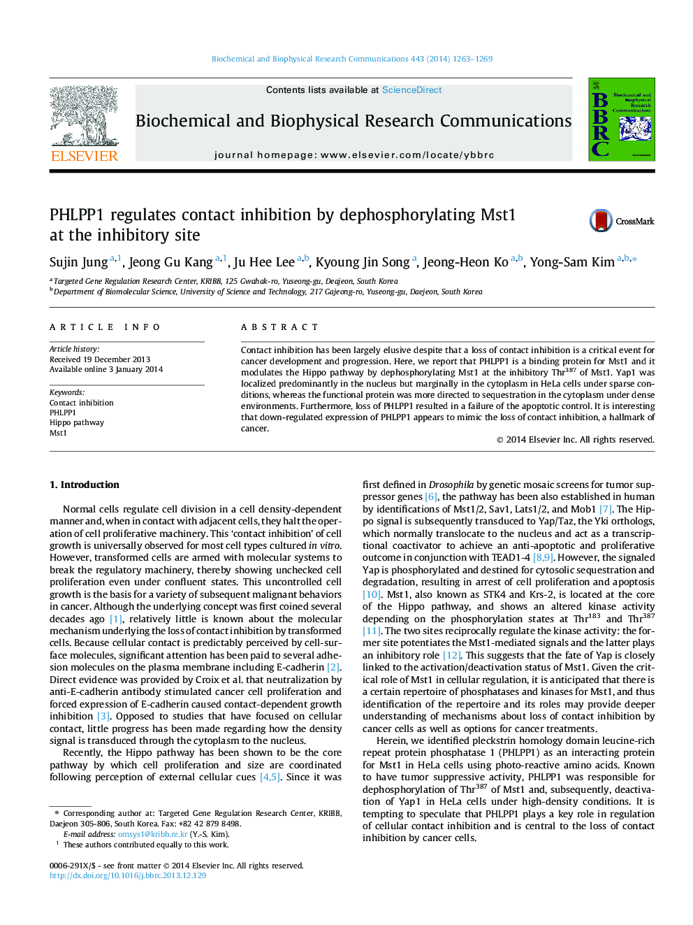 PHLPP1 regulates contact inhibition by dephosphorylating Mst1 at the inhibitory site