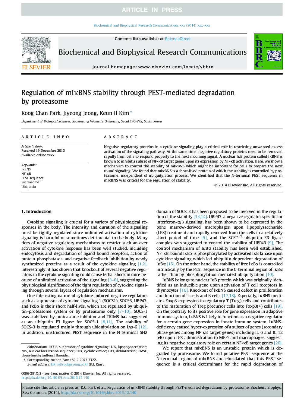 Regulation of mIÎºBNS stability through PEST-mediated degradation by proteasome