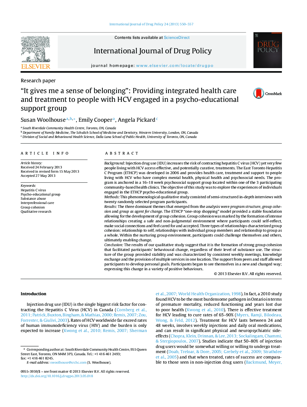 “It gives me a sense of belonging”: Providing integrated health care and treatment to people with HCV engaged in a psycho-educational support group