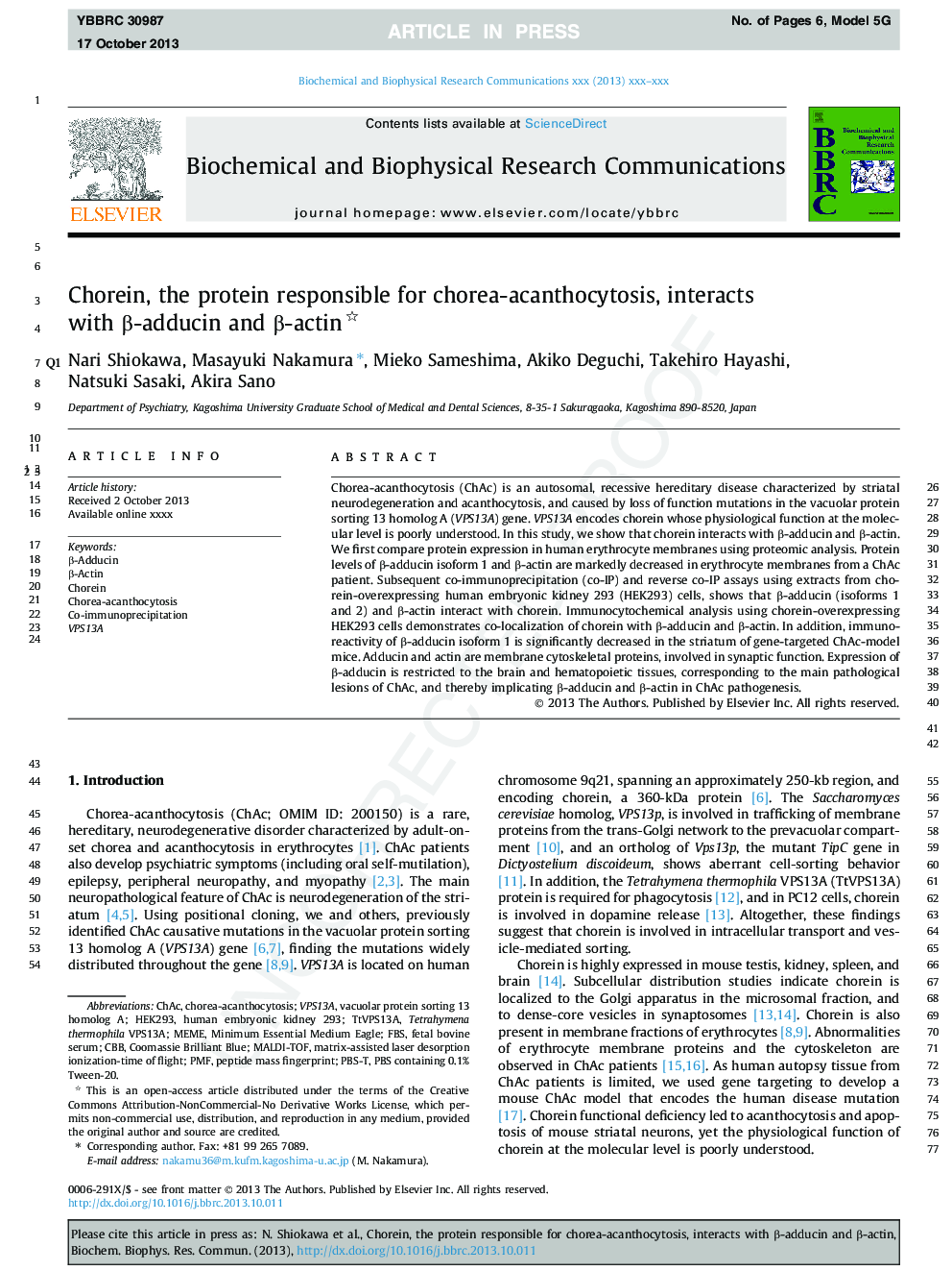 Chorein, the protein responsible for chorea-acanthocytosis, interacts with Î²-adducin and Î²-actin