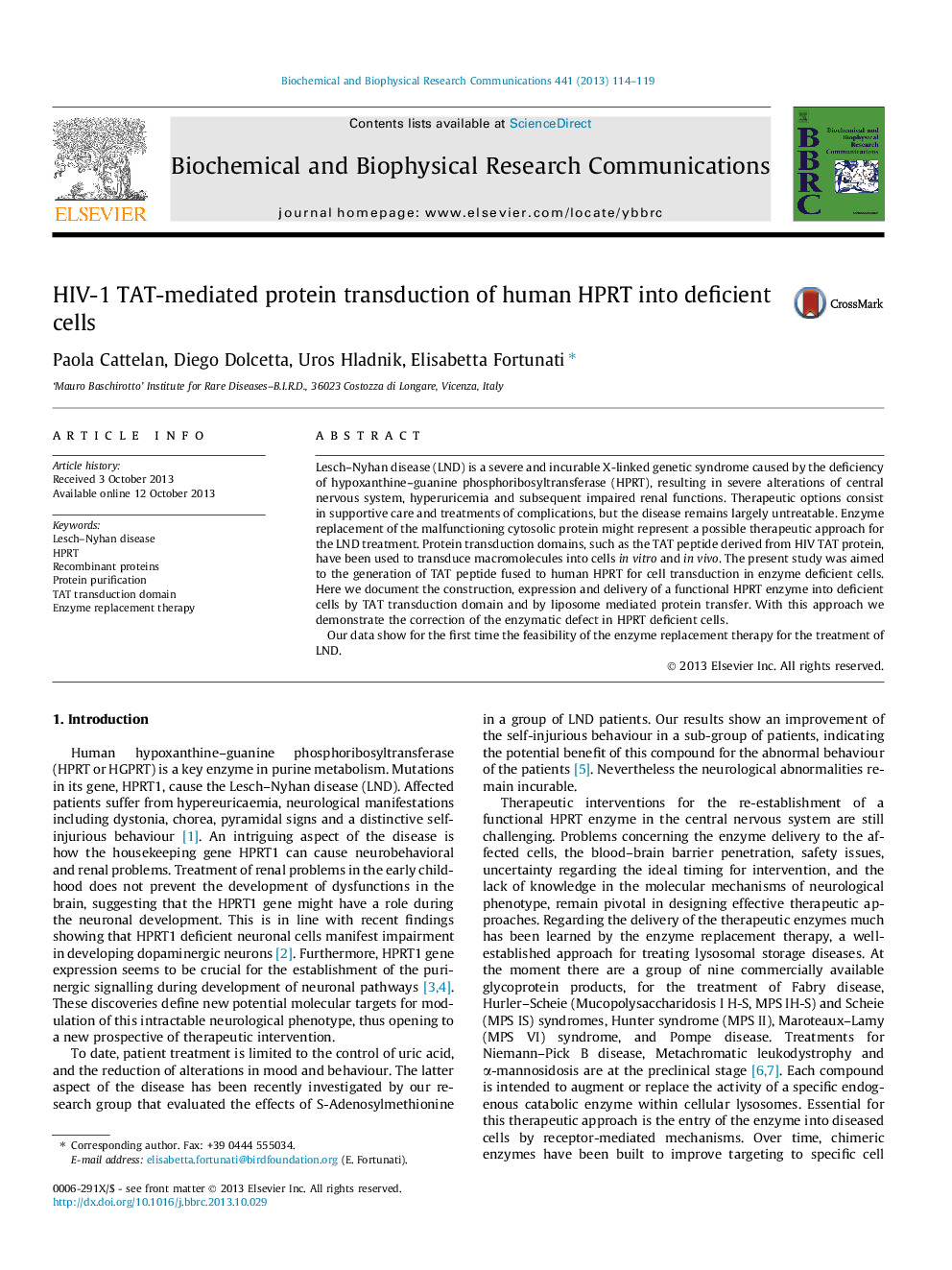 HIV-1 TAT-mediated protein transduction of human HPRT into deficient cells