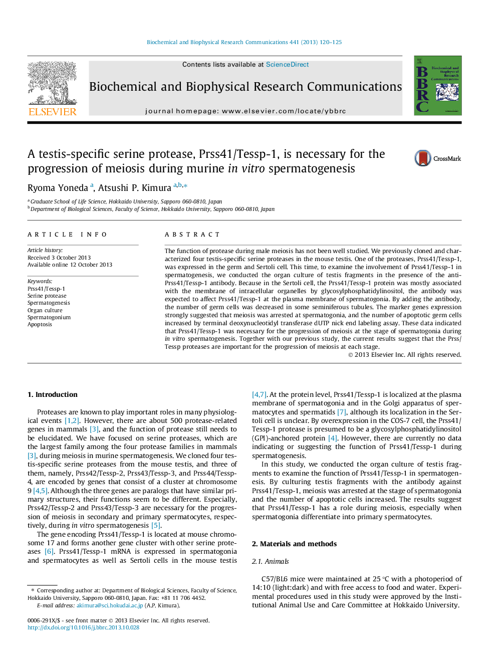 A testis-specific serine protease, Prss41/Tessp-1, is necessary for the progression of meiosis during murine in vitro spermatogenesis