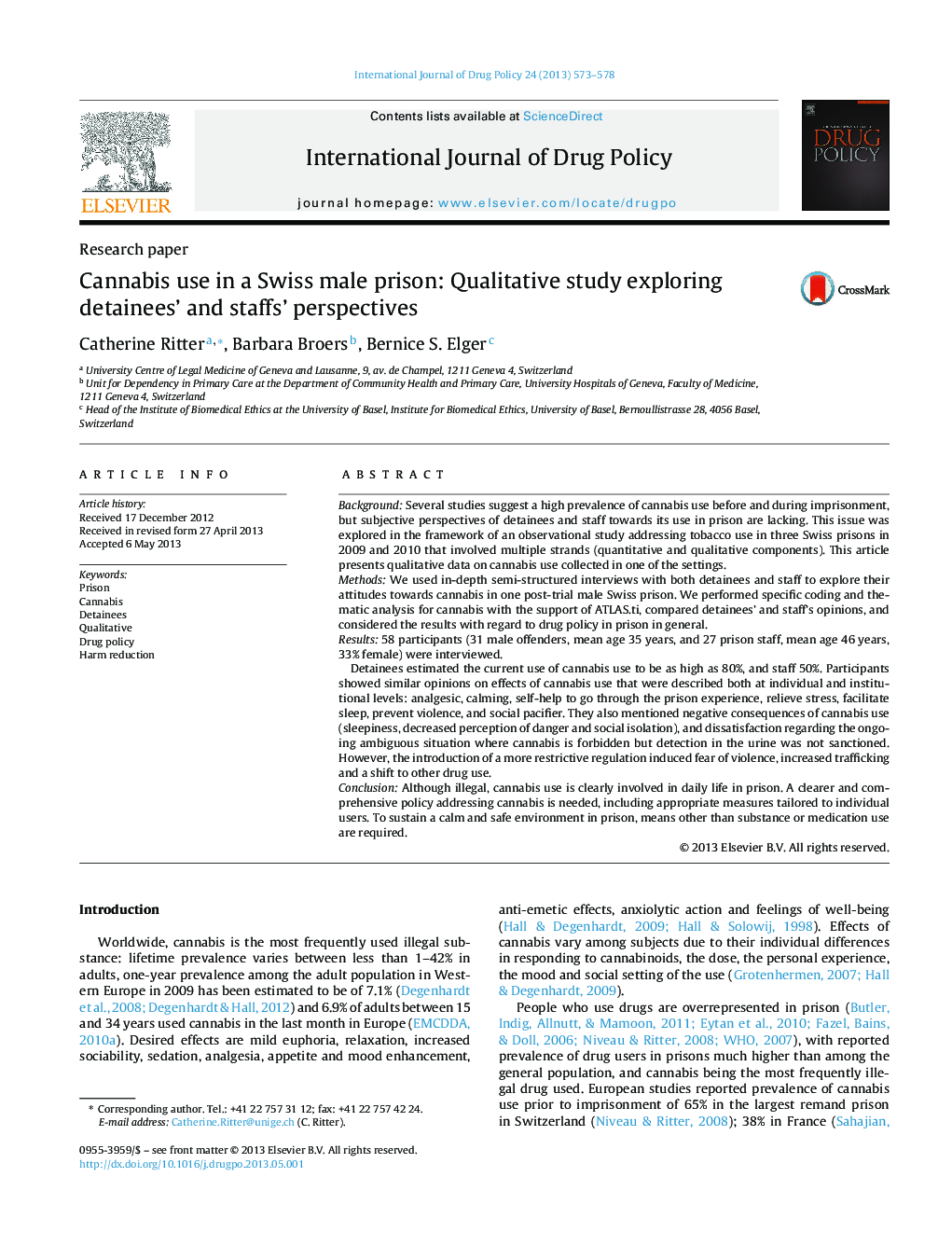 Cannabis use in a Swiss male prison: Qualitative study exploring detainees’ and staffs’ perspectives