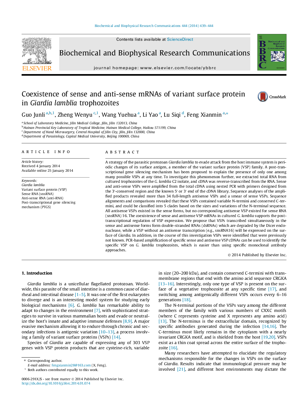 Coexistence of sense and anti-sense mRNAs of variant surface protein in Giardia lamblia trophozoites