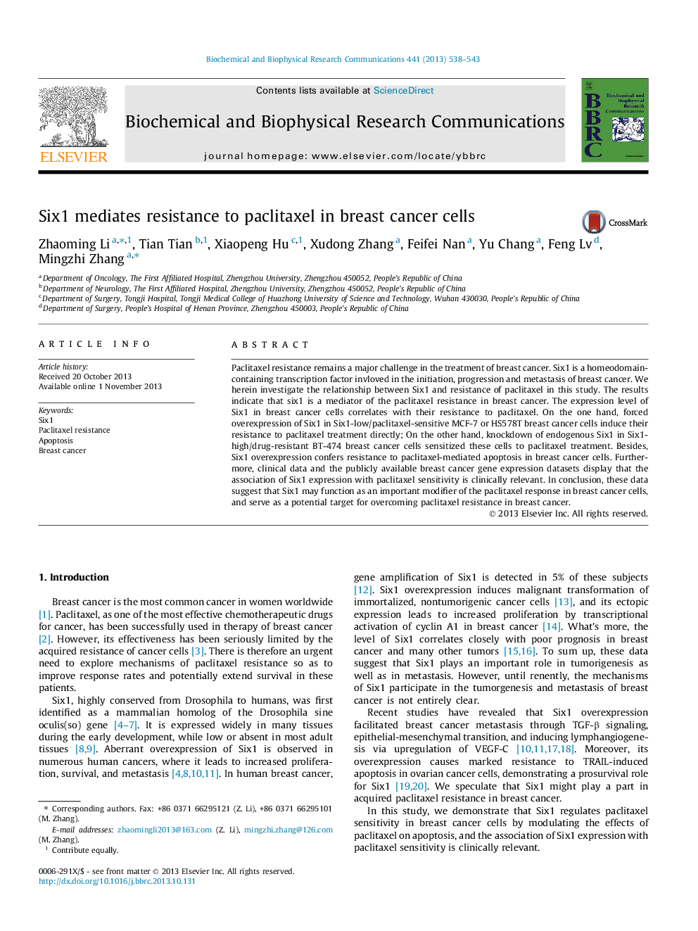 Six1 mediates resistance to paclitaxel in breast cancer cells