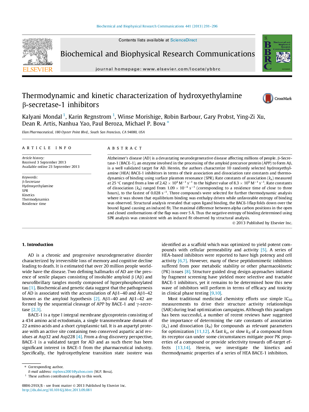 Thermodynamic and kinetic characterization of hydroxyethylamine Î²-secretase-1 inhibitors