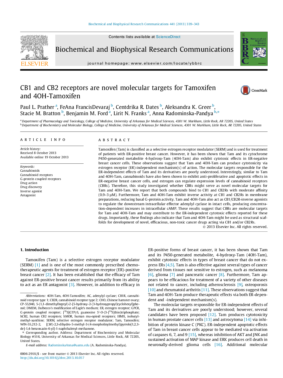 CB1 and CB2 receptors are novel molecular targets for Tamoxifen and 4OH-Tamoxifen