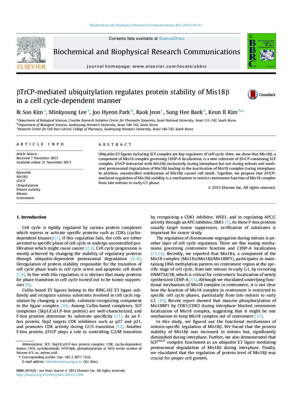 Î²TrCP-mediated ubiquitylation regulates protein stability of Mis18Î² in a cell cycle-dependent manner