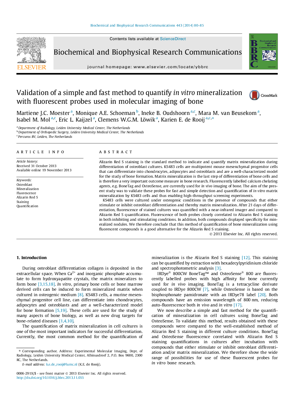 Validation of a simple and fast method to quantify in vitro mineralization with fluorescent probes used in molecular imaging of bone